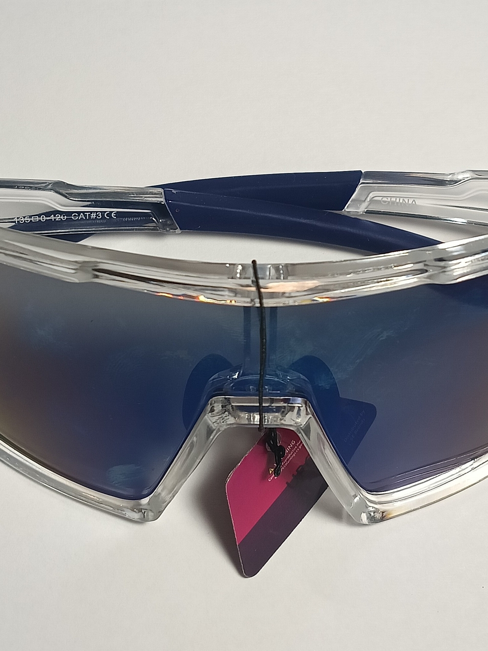 Sport Shield Sunglasses - Clear Frame with Blue Mirrored Lens - UV Protection